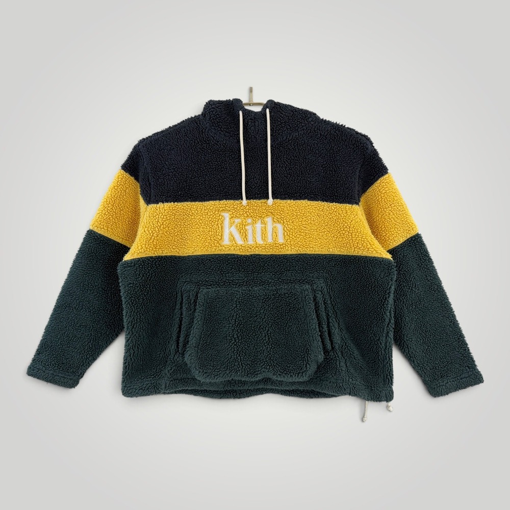 Kith Sherpa Double Pocket Hoodie Solar Yellow Navy Green Mens Size XL KH2347